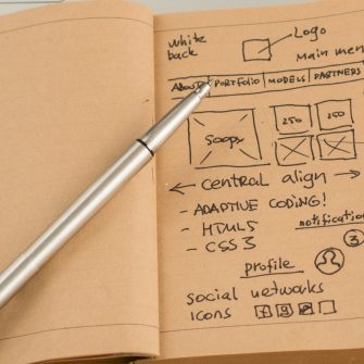 Photo of notebook with website wireframe