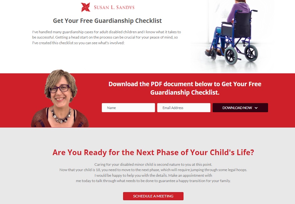 2017_Regenuity_SusanSandys_landingpage_v1jl.jpg Screenshot of Susan Sandys adult guardianship landing page